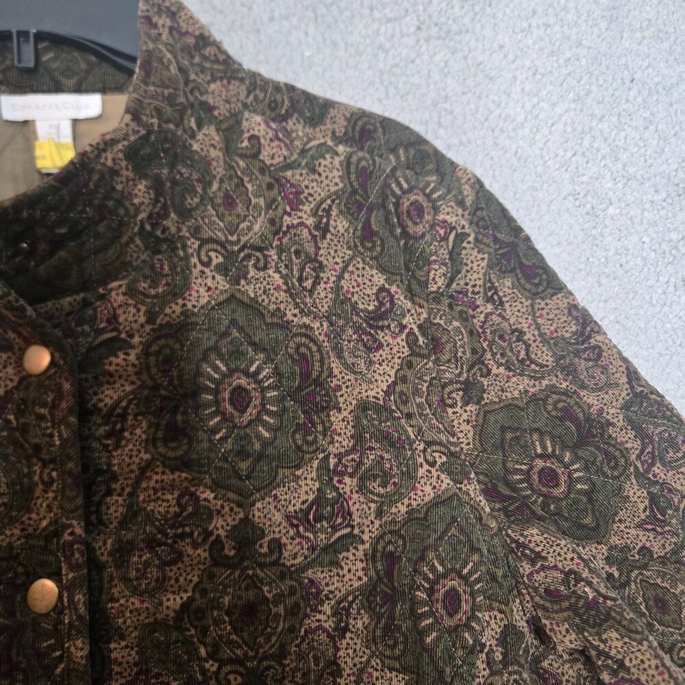 Charter Club Quilted Corduroy Jacket Womens XL Green Paisley Snap Front Coat - Picture 6 of 8
